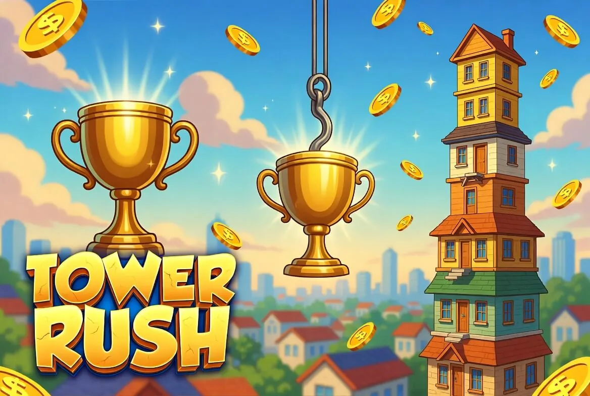 Ornate golden crane hook lifting a Tower Rush house against a bright sky