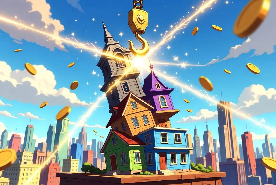 Tower Rush crane lifting a tower of colourful houses above a city skyline