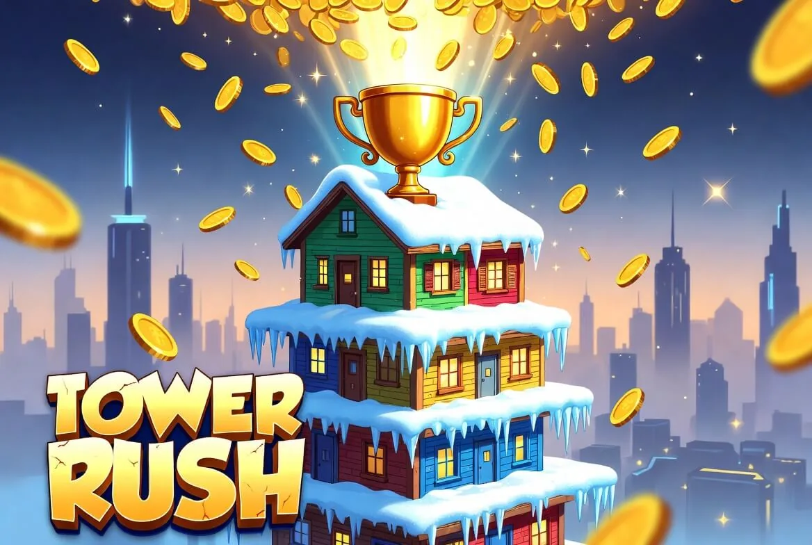 Tower Rush logo with a house on a golden crane hook above a city street