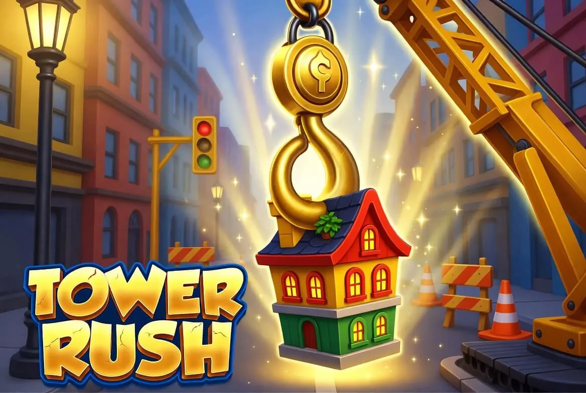 Frozen Temple bonus floor on a Tower Rush tower with a giant gold coin on a crane