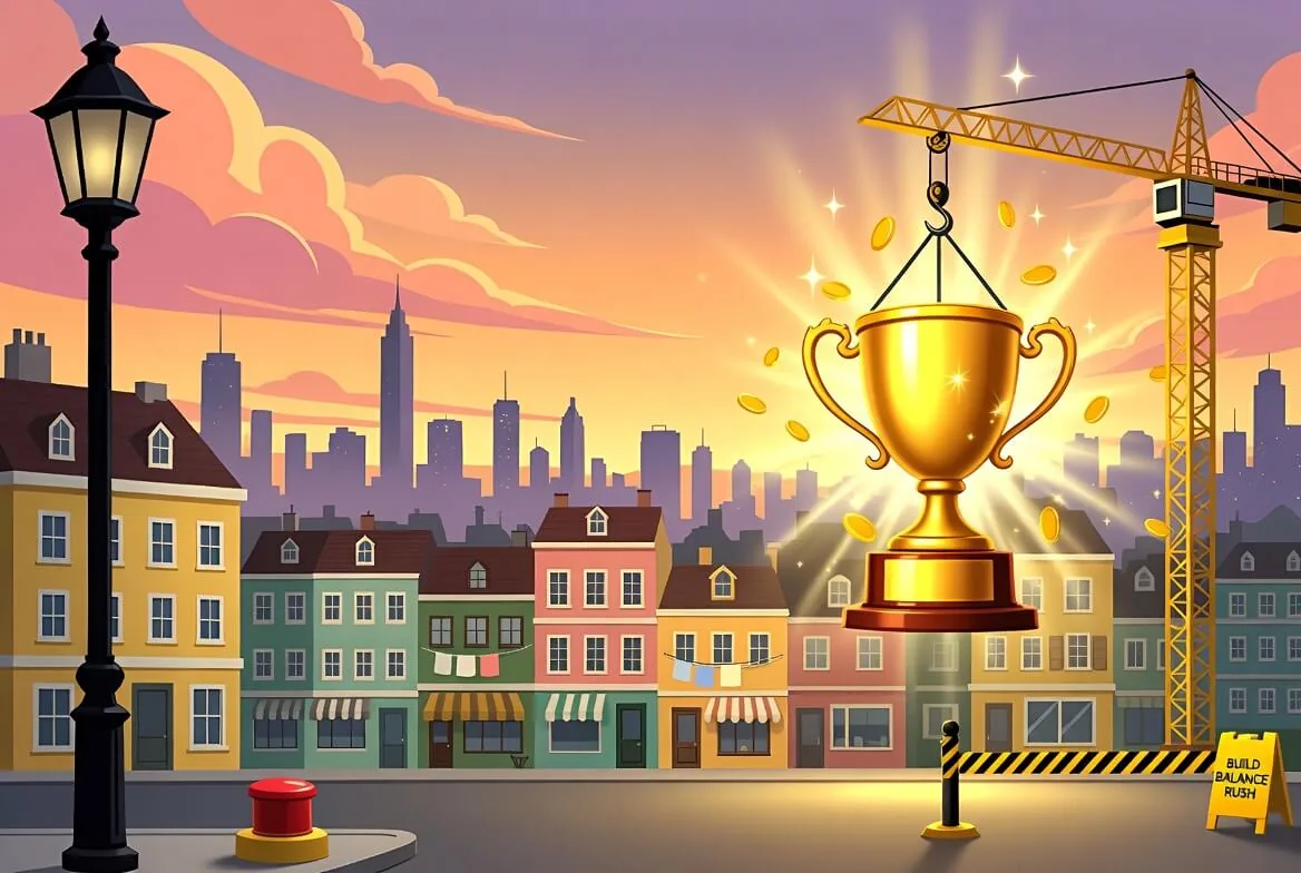Gold trophy crowning a snow-topped Tower Rush tower as coins rain down